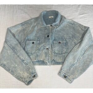 POL Cropped Corduroy Jacket‎ Womens Medium Blue Distressed Denim Jean Style